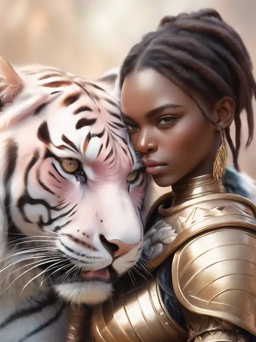 Prompt: african woman warrior with a sword and pet tiger, soft focus, closeup, high resolution, Dreamy pastel