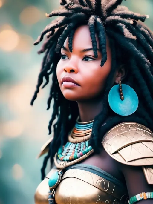 Prompt: african woman warrior   Dreamy pastel, soft focus, ethereal atmosphere,closeup, high resolution,