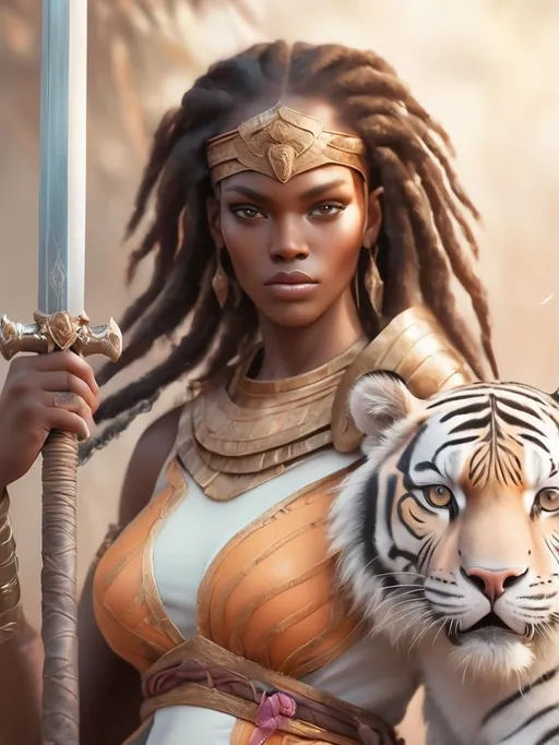 Prompt: african woman warrior with a sword and pet tiger, soft focus, closeup, high resolution, Dreamy pastel