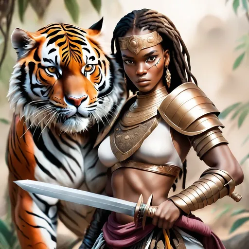 Prompt: african woman warrior with a sword and pet tiger, soft focus, high resolution
