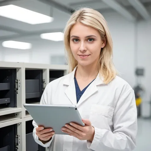 Prompt: technician woman with tablet in hand, blond hair