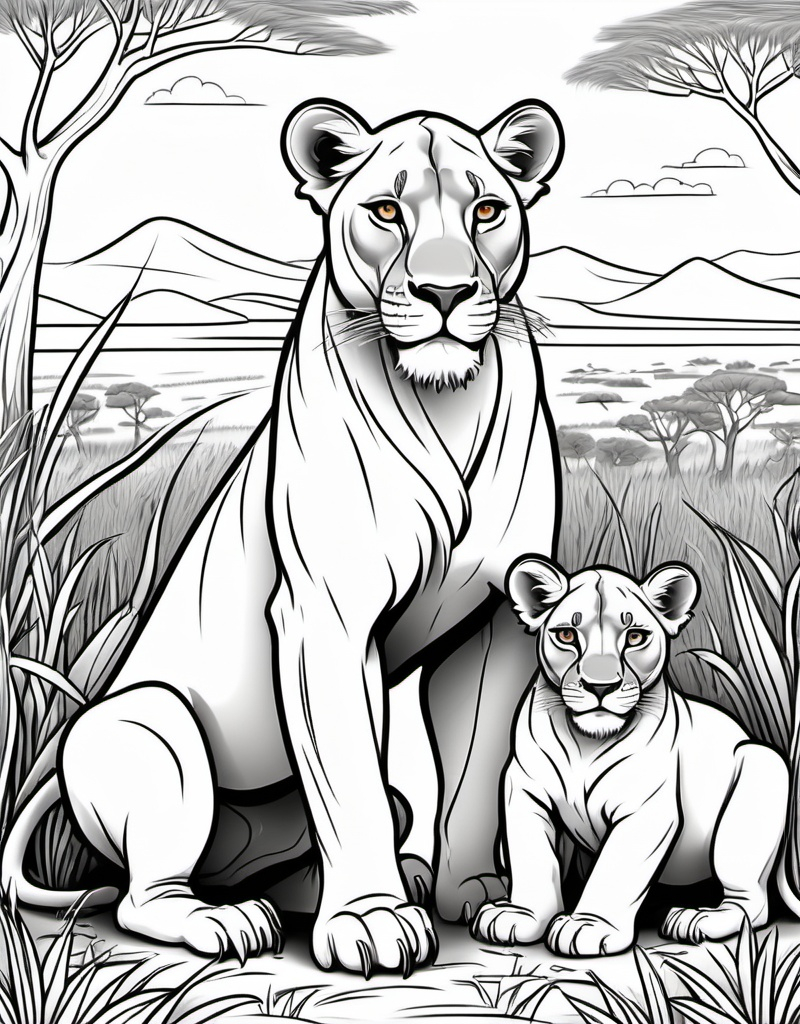 Prompt: Colouring page for kids, Lioness Protecting her cubs in the savannah.,cat should be middle of the page Cartoon style, thick lines, no deatail and no shading,  don't use any color of images.