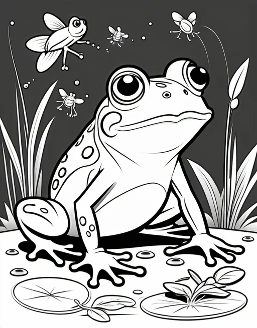 Prompt: Colouring book for kids, Frog Catching flies.
thick lines, don't add shades, no detailed,  Cartoon character . Don't use any color images should be only black and white