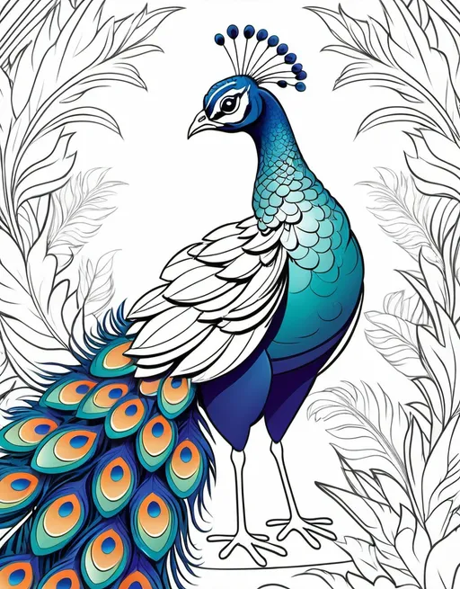 Prompt: Create a coloring book page for kids featuring:

*Title:* Peacock Spreading Vibrant Feathers

*Design Requirements:*

1. Cartoon-style peacock character
2. Thick lines, bold and easy to color
3. No shading or gradients
4. Simple, minimal details
5. Feathers spread