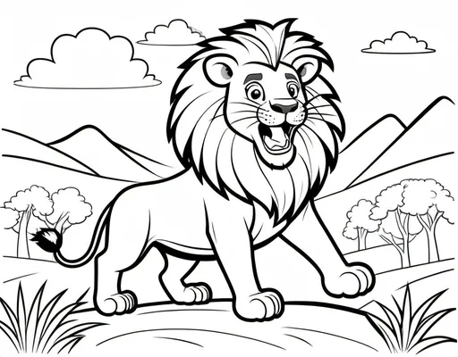 Prompt: Colouring books for kids, A lion is roaring on top of the hill, Cartoon style, thick lines, no shading,no detailed.  Don't use any color images