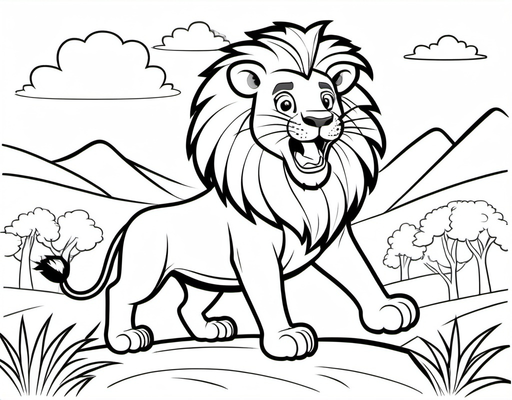 Prompt: Colouring books for kids, A lion is roaring on top of the hill, Cartoon style, thick lines, no shading,no detailed.  Don't use any color images