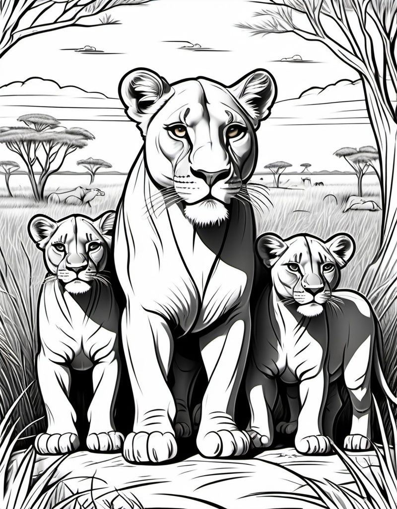 Prompt: Colouring page for kids, Lioness Protecting her cubs in the savannah.,cat should be middle of the page Cartoon style, thick lines, no detailed and no shading,  don't use any color of images.