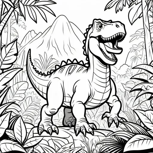 Prompt: Colouring page for kids, Dinosaur Rex in a jungle, Cartoon style, thick lines, low deatail and no shading