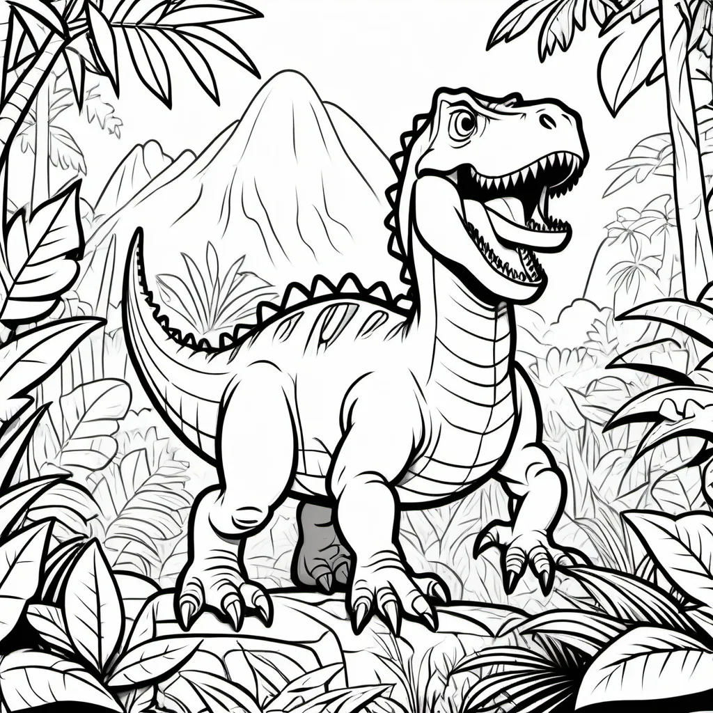 Prompt: Colouring page for kids, Dinosaur Rex in a jungle, Cartoon style, thick lines, low deatail and no shading