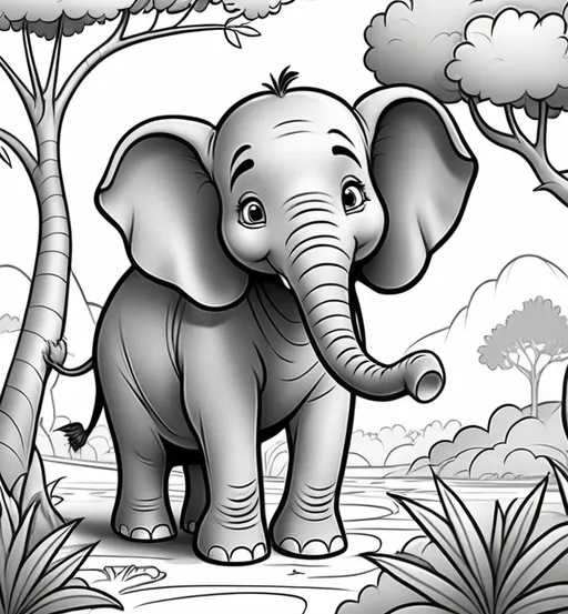 Prompt: Colouring books for kids, Elephant Using its trunk to grab trees branches, Cartoon character,  no shading,  no detailed.  Don't use any colors