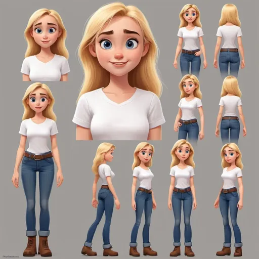 Prompt: create a character sheet, of a 25year old blonde girl, with brown eyes. She's wearing a white shirt and blue jeans. multiple poses and expressions. she is in pixar style illustration
