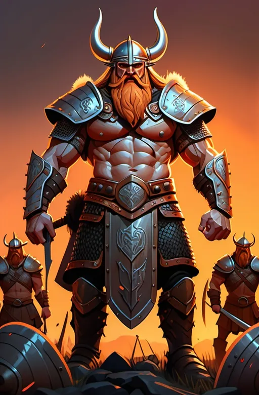 Prompt: An adult cartoonish animated representation of Viking lords in battle armor, showcasing exaggerated muscular, chiseled bodies. The Viking warriors stand tall on a dusk-lit battlefield, their battle-worn armor glistening under the fading orange light of the setting sun. The armor is intricately designed, with deep, angular details and fierce, exaggerated features, dripping with blood that reflects the fiery glow of the horizon. Their faces are determined and fierce, with thick beards and piercing eyes, while their powerful arms grip massive axes and shields. The background is a dramatic mix of darkening skies, swirling winds, and silhouettes of distant battle chaos. The atmosphere is intense and gritty, with a cartoonish style that balances exaggerated forms and a stylized, yet powerful, depiction of Viking strength and battle-readiness.