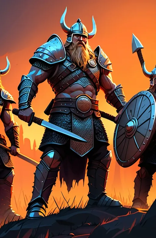 Prompt: An adult cartoonish animated representation of Viking lords in battle armor, showcasing exaggerated muscular, chiseled bodies. The Viking warriors stand tall on a dusk-lit battlefield, their battle-worn armor glistening under the fading orange light of the setting sun. The armor is intricately designed, with deep, angular details and fierce, exaggerated features, dripping with blood that reflects the fiery glow of the horizon. Their faces are determined and fierce, with thick beards and piercing eyes, while their powerful arms grip massive axes and shields. The background is a dramatic mix of darkening skies, swirling winds, and silhouettes of distant battle chaos. The atmosphere is intense and gritty, with a cartoonish style that balances exaggerated forms and a stylized, yet powerful, depiction of Viking strength and battle-readiness.