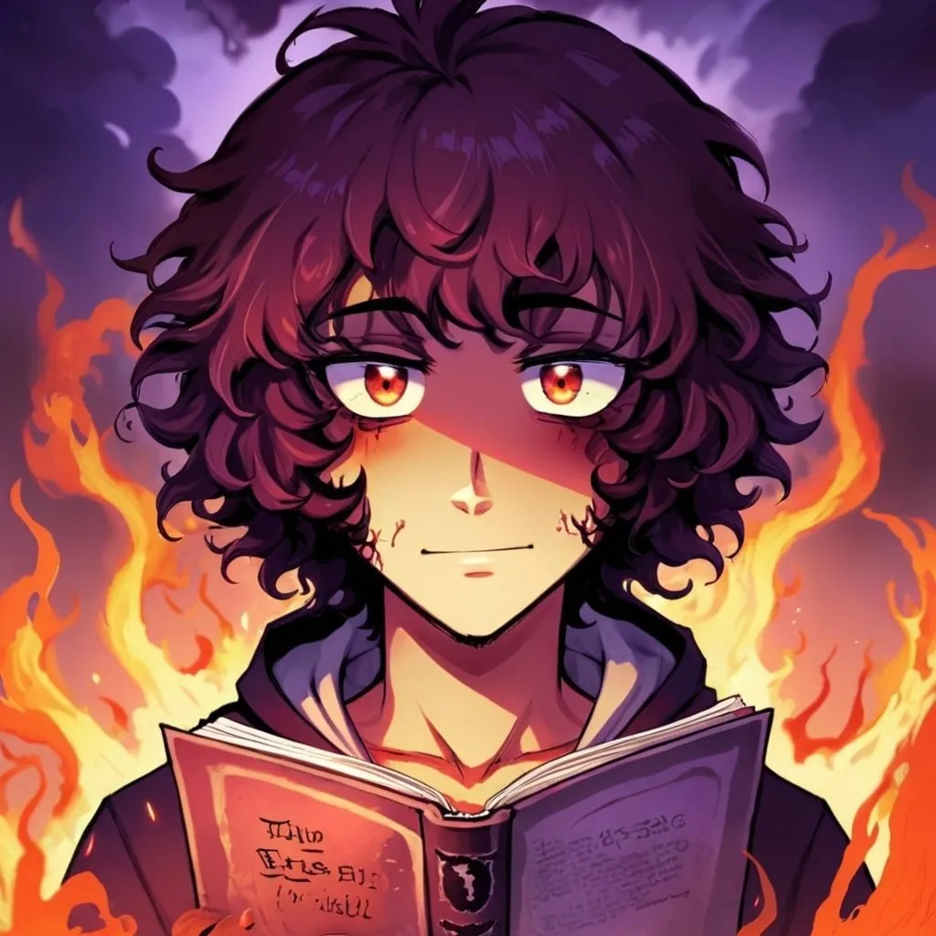 Prompt: 2D horror anime illustration of a dark and handsome boy, curly hair, eyes covered by hair, devilish smile, reading a book in hell, intimidating and relaxed, Lucifer, detailed facial features, intense eyes, high quality, horror anime, dark tones, fiery ambient lighting, eerie atmosphere, hell scenery, calm, professional, detailed background, menacing presence