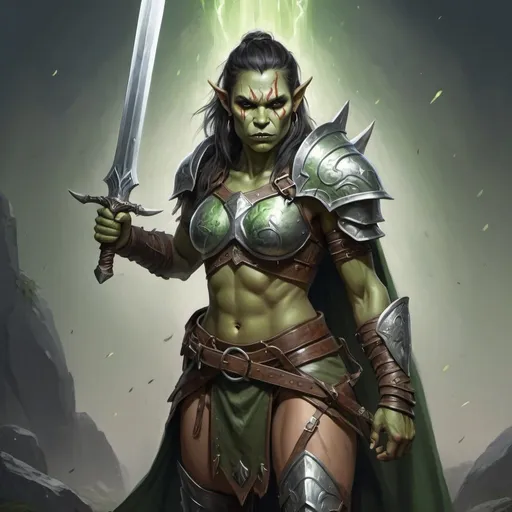 Prompt: A full body drawing  high resolution of a female Half-orc warrior wearing armor 
 holding a falcata falchion ,green mistical  halo aura , 
4k  ,hiperrealism, tolkien