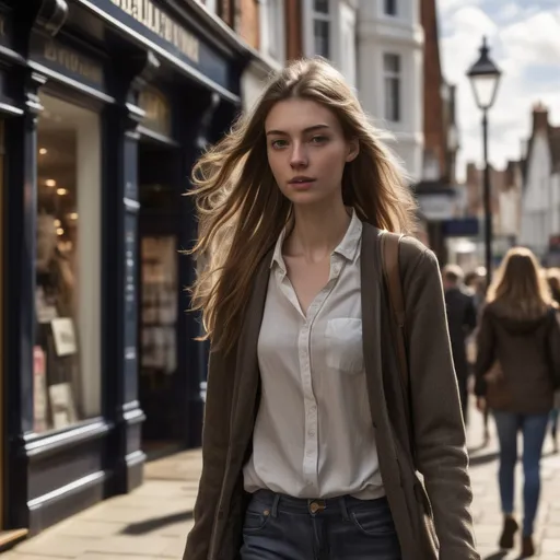 Prompt: Tall young woman walking down the high street, detailed clothing, realistic, natural lighting