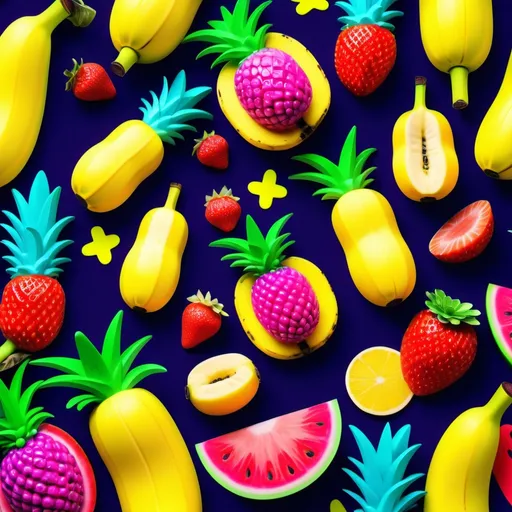 Prompt: (neon fruit background), vibrant colors, (highly saturated), playful composition, whimsical arrangement, tropical fruits like bananas, pineapples, and strawberries, radiant glow, (ultra-detailed), energetic ambiance, bold and dynamic lighting, suitable for a lively and fun atmosphere, perfect for party themes or summer vibes.