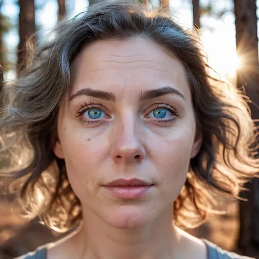Prompt: curly brow hair girl portrait, Blue eyes like the sky. white skin browned by the sun. background is a blurry boreal forest. Ages 40 year old. the person is surprised to have their photos taken. she's doing something at the same time but we don't really know what it is. the person is taken sideways. Face is large and the lips thin. Some default on the skin and hair short. Detail on skin. gray hair are add. The light is a morning light and blue. the girl looks into the distance. the nose is thin. the hair are dirt. some dust in the air. shape of the face round shape.