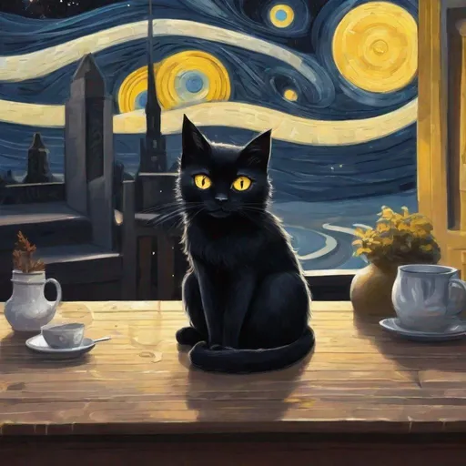 Prompt: a black cat have yellow eyes sitting on a table watching the starts. starry night theme