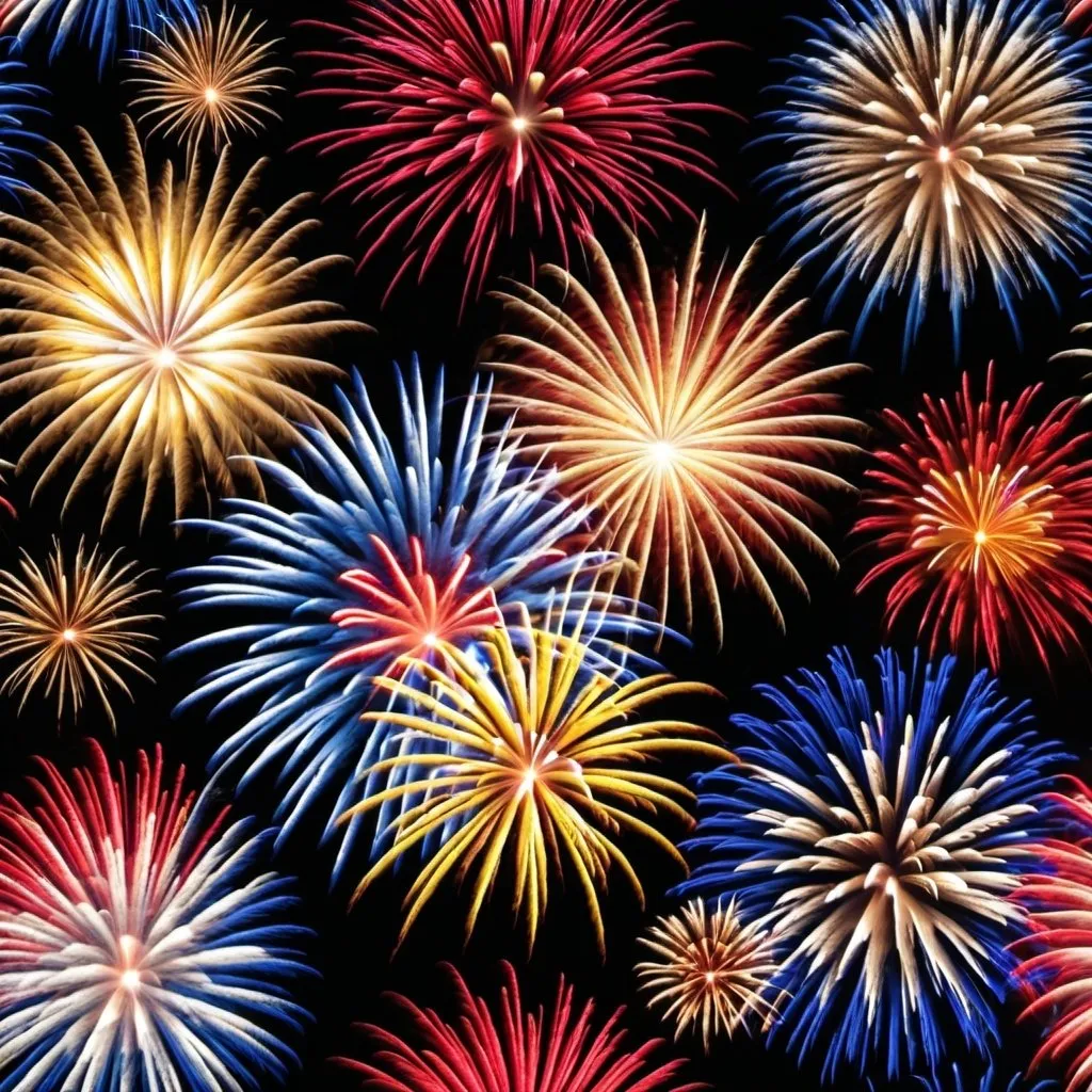 Prompt: fireworks display red blue yellow and white 