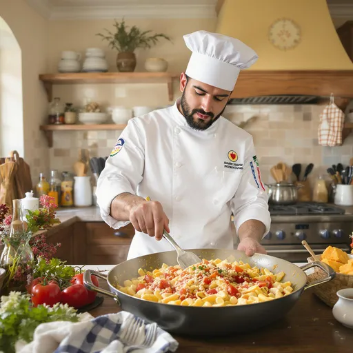 Prompt: Make A Male Chef making a large pasta dish in a delightful looking kitchen 