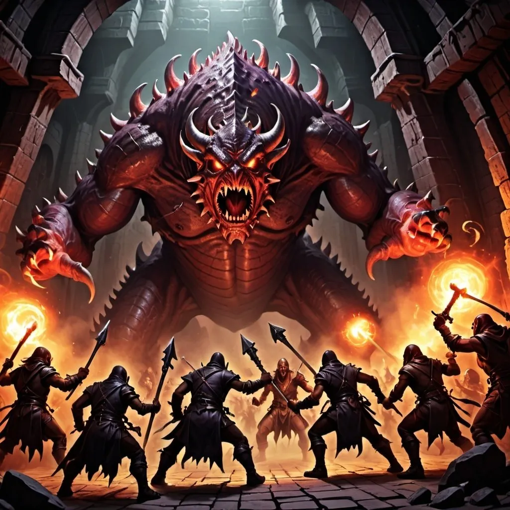 Prompt: Hellish Dungeon with a group of adventurers fighting a giant monster