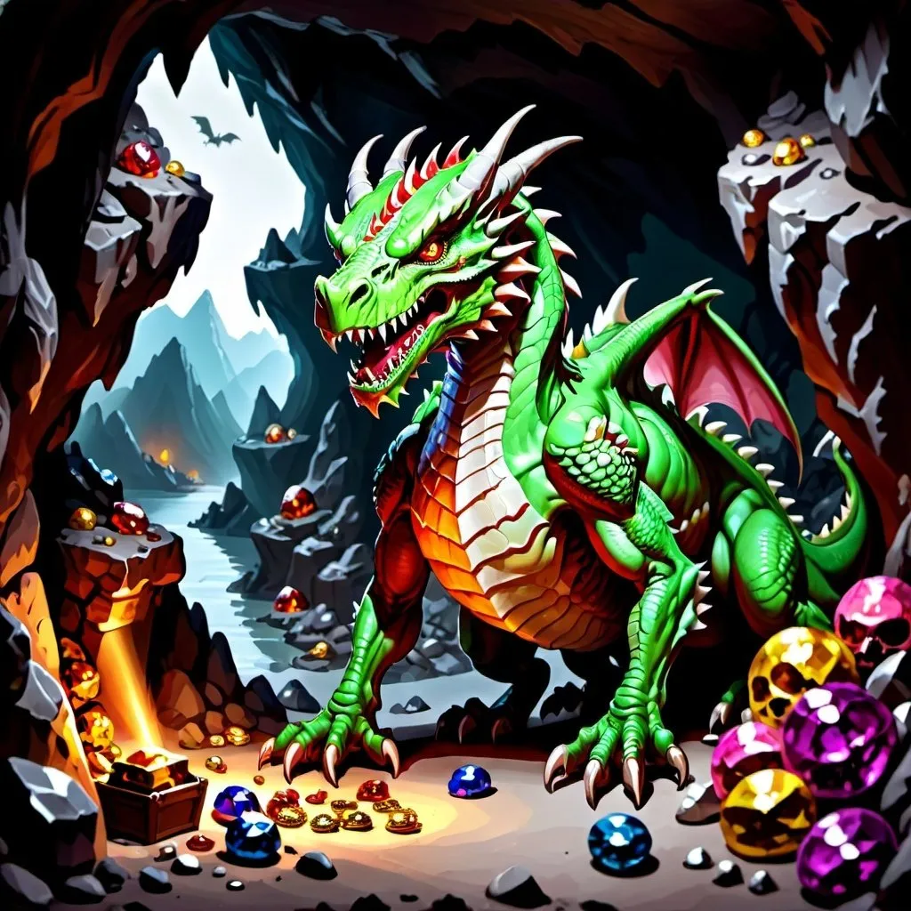 Prompt: Evil and morbid Zombie Dragon Guarding a horde of Treasure inside a mountain cave