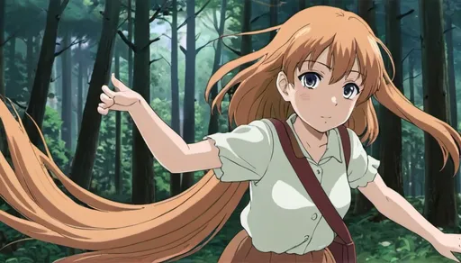 Prompt: an anime girl walking in the woods 