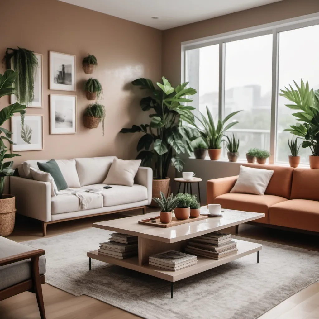 Prompt: Interior living room with coffee at table having moist on the top of it, color scheme of the living room is split complementry, having a lot of natural lights, and a bit of plants at outside