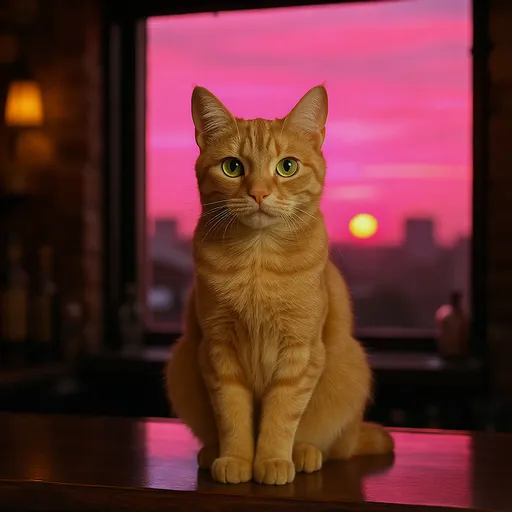 Prompt: рыжий кот с зелеными глазами сидит на барной стойке, а за ним окно а за окном ярко розово-красный закат