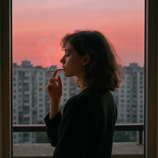 Prompt: девушка брюнетка с кудрявыми волосами повернута спиной курит сигарету стоит на балконе, а на улице розово-красный закат и много квартир
