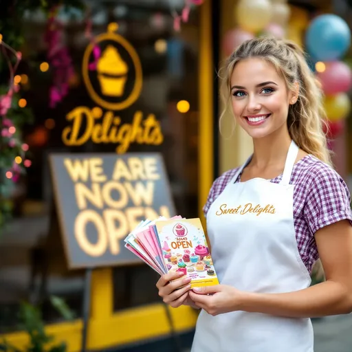 Prompt: Create a realistic picture of a cupcake restaurant owner. She is a white american in her early 30's, she is handling flyers on the driveway for her restaurant's inauguration. Behind her, there is the entrance of her shop with a sign saying "We are now open"