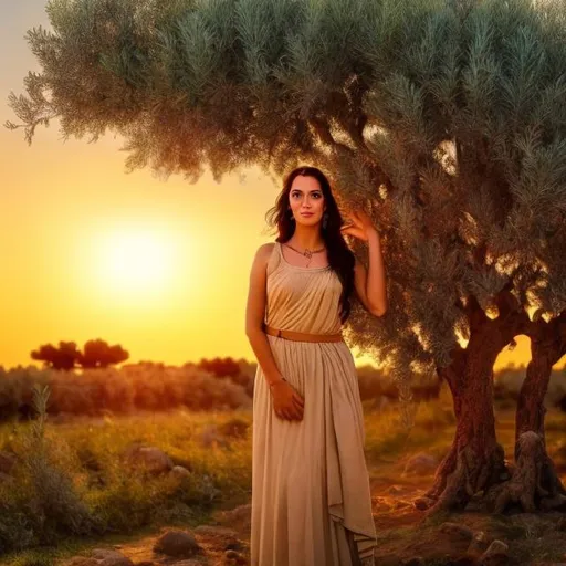 Prompt: Beautyful ancient greek womam standing at the crop field with olive tree and epic sunset at the background