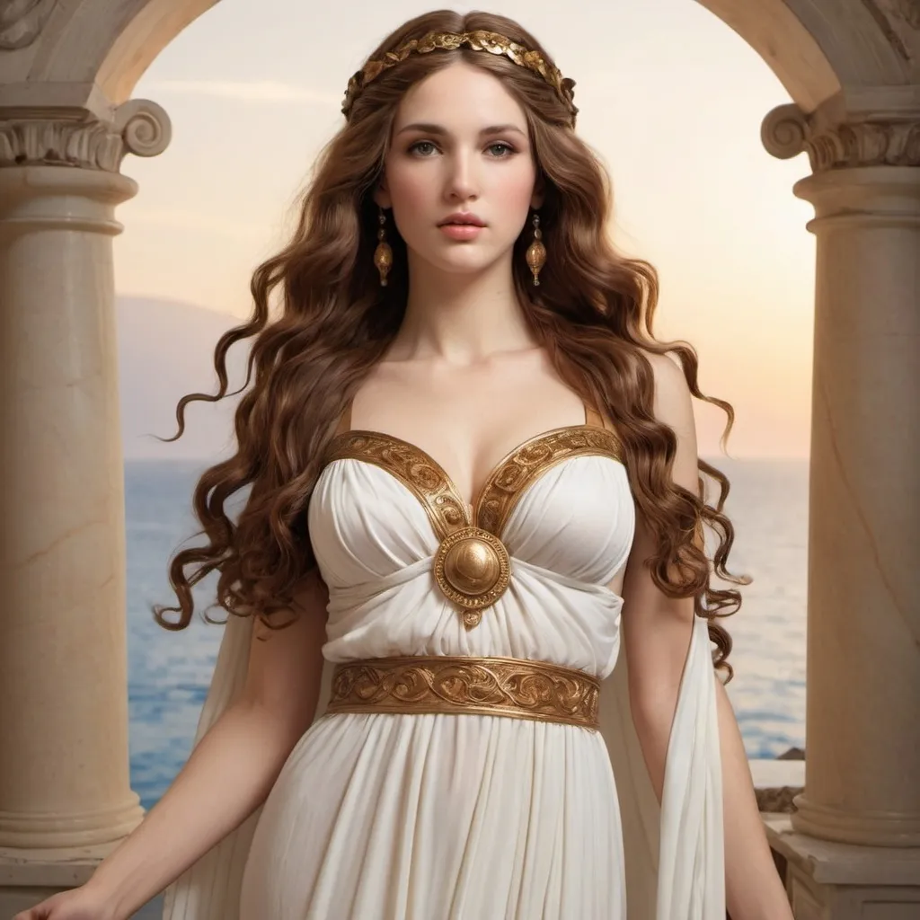 Prompt: goddess aphrodite in  greek dress gown with long brown hair 
