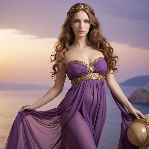 Prompt: goddess aphrodite in purple greek dress gown with long brown hair 
