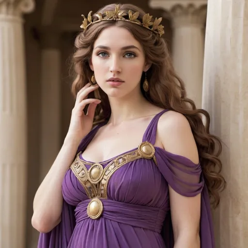 Prompt: goddess aphrodite in purple greek dress gown with long brown hair 
