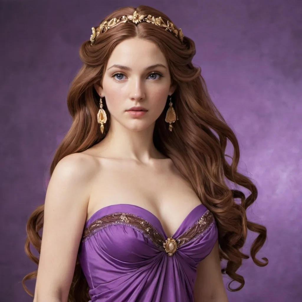 Prompt: aphrodite in purple gown with long brown hair 
