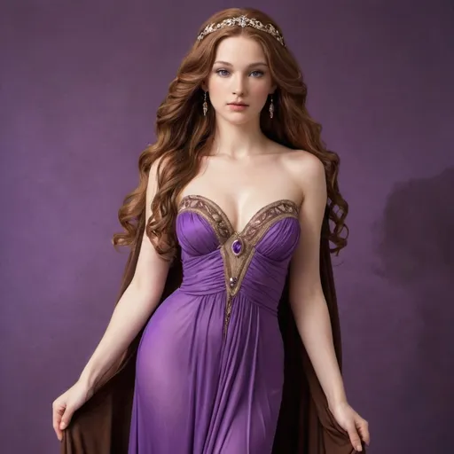 Prompt: aphrodite in purple gown with long brown hair 
