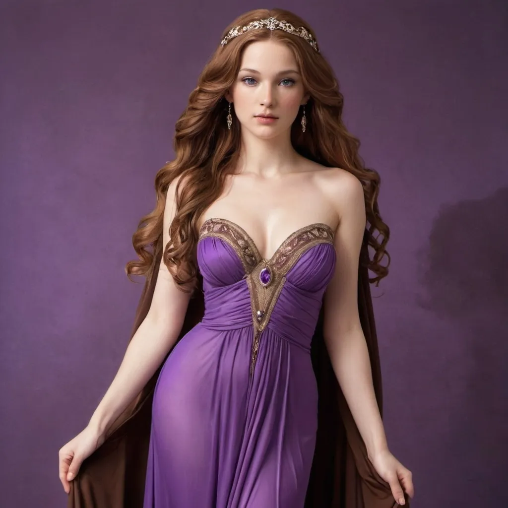 Prompt: aphrodite in purple gown with long brown hair 
