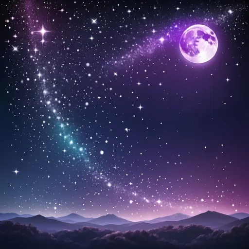 Prompt: starry sky background with many stars and sparkle areas. Add a big moon and make it dark and purple