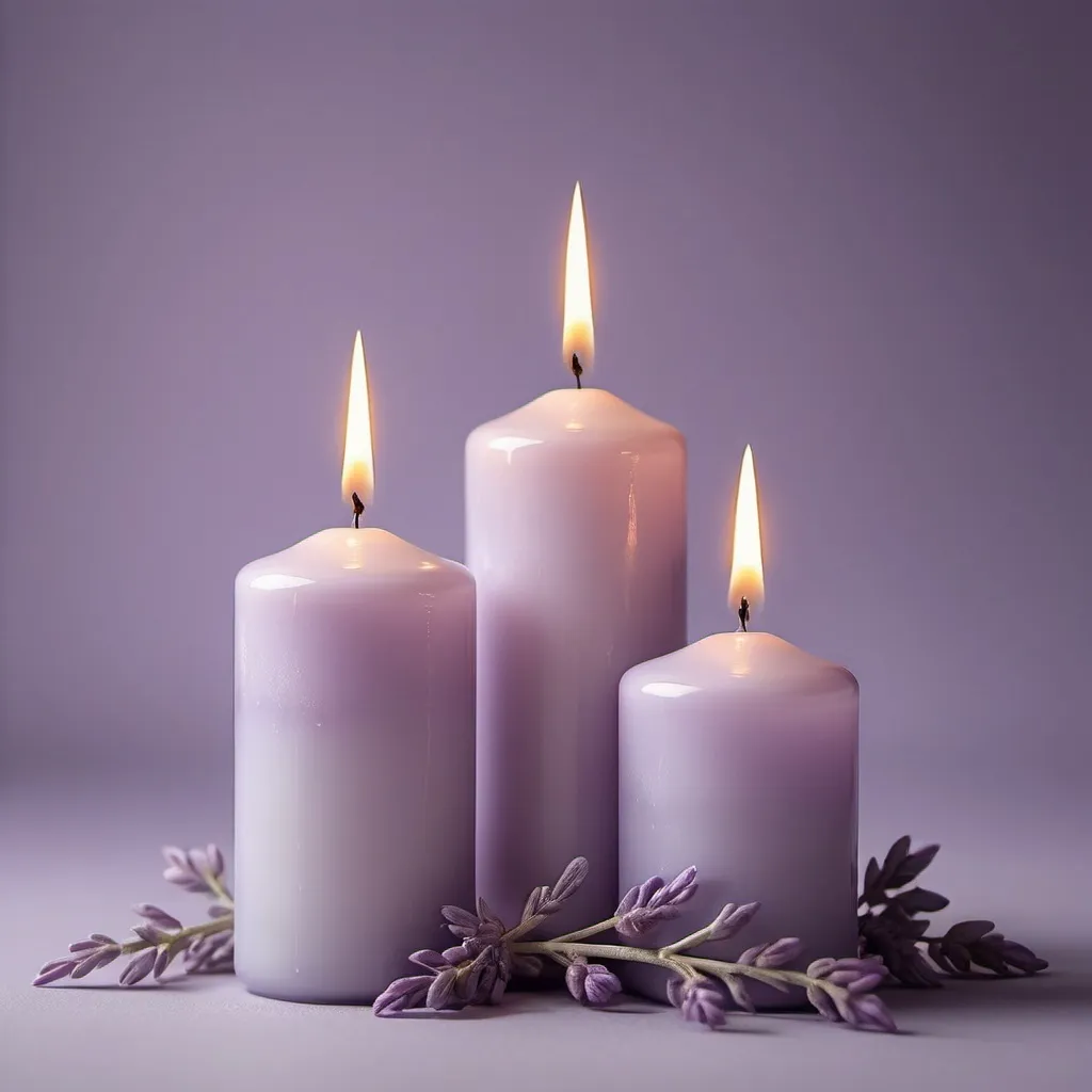 Prompt: very light lavender background with two candles with purple flames on the edge