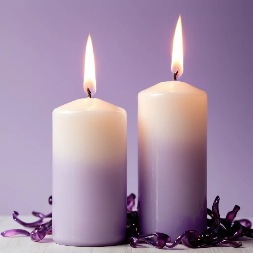 Prompt: very light lavender background with two candles with purple flames on the edge