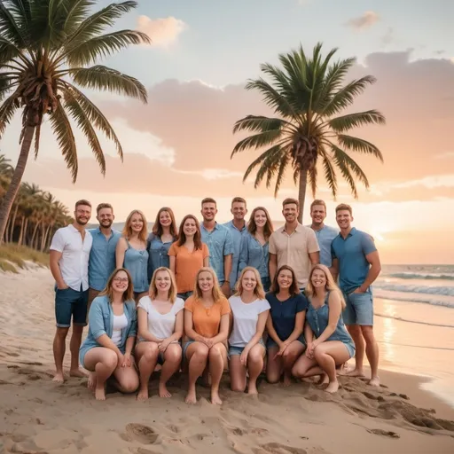 Prompt: (Group picture of 16 mostly white people at the beach), all wearing summer shirts and jeans, vibrant sunset backdrop, warm tones reflecting on the water, joyful atmosphere with laughter and conversation, a mix of activities like playing volleyball and building sandcastles, high detail capturing facial expressions, ultra-detailed, relaxing summer vibes, soft waves lapping at the shore, palm trees swaying gently in the breeze, HD quality, cinematic composition.