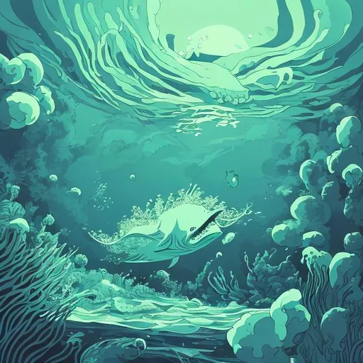 Prompt: Anime illustration of a water boy in shades of blue, swirling water effects, tranquil underwater setting, detailed aquatic features, high quality, anime, cool tones, underwater, detailed water effects, serene atmosphere