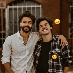 Prompt: In a warm indoor setting characterized by a backdrop of red brick walls, two young men stand closely together, exuding a sense of camaraderie and joy. The individual on the left, sporting a stylish white shirt, has a neatly trimmed beard and a confident expression, while the other, dressed in a plaid shirt with a relaxed collar, offers a friendly smile. Their postures suggest a playful bond, with one arm draped over the shoulder of the other, creating a relaxed and intimate atmosphere. The lighting casts a soft glow, enhancing their youthful features and contributing to a cheerful, engaging mood framed by a faint metal gate in the background. Text overlays filled with playful emojis emphasize their friendship and the importance of staying connected.