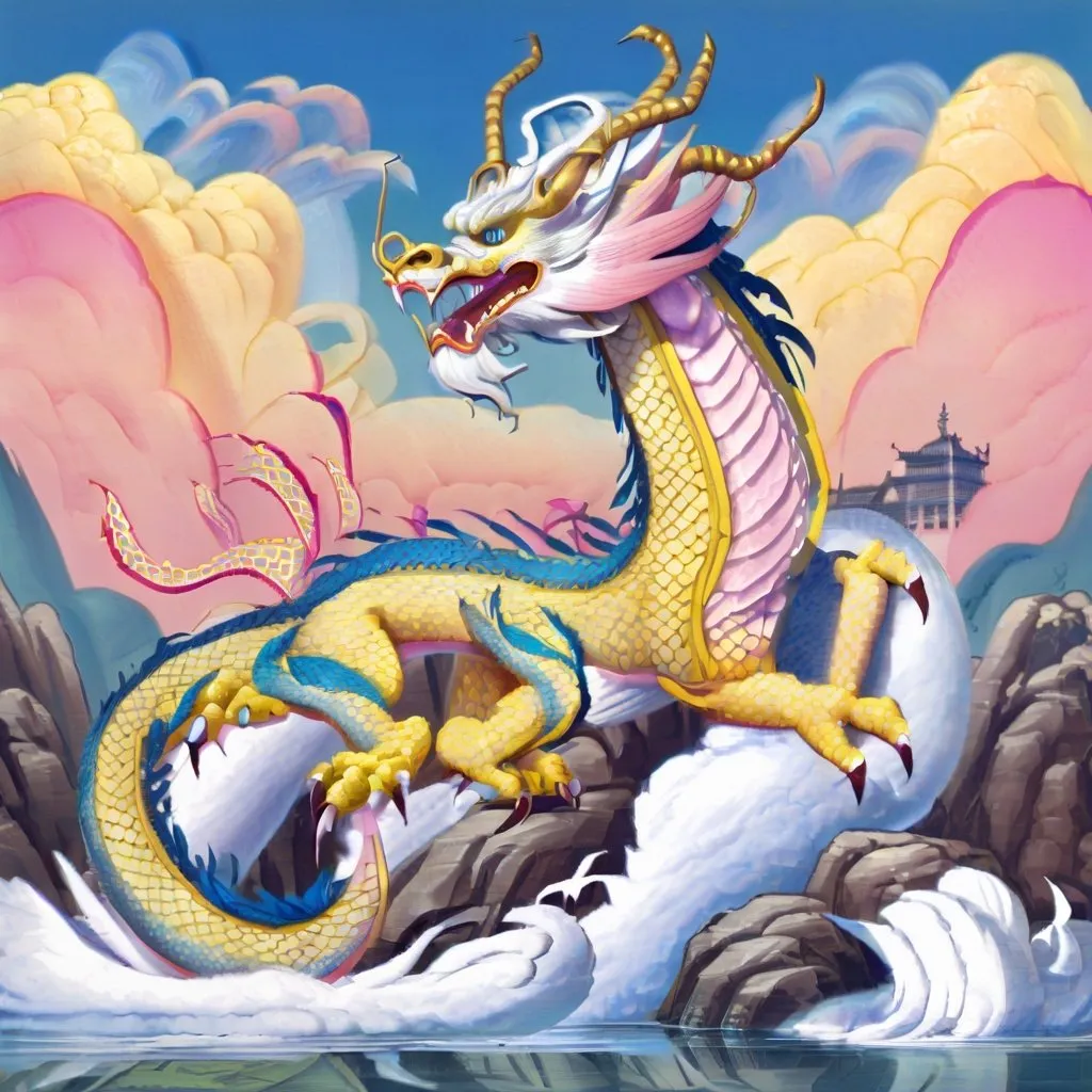 Prompt: Chinese yellow dragon, yellow scales, four arms, feathers on arms and tail, swooping the surface of a river, sky pink and blue sky,