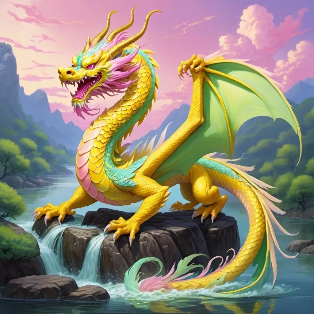 Prompt: Chinese yellow dragon, yellow scales, light green belly, four arms, feathers on arms and tail, swooping the surface of a river, pink and blue sky,