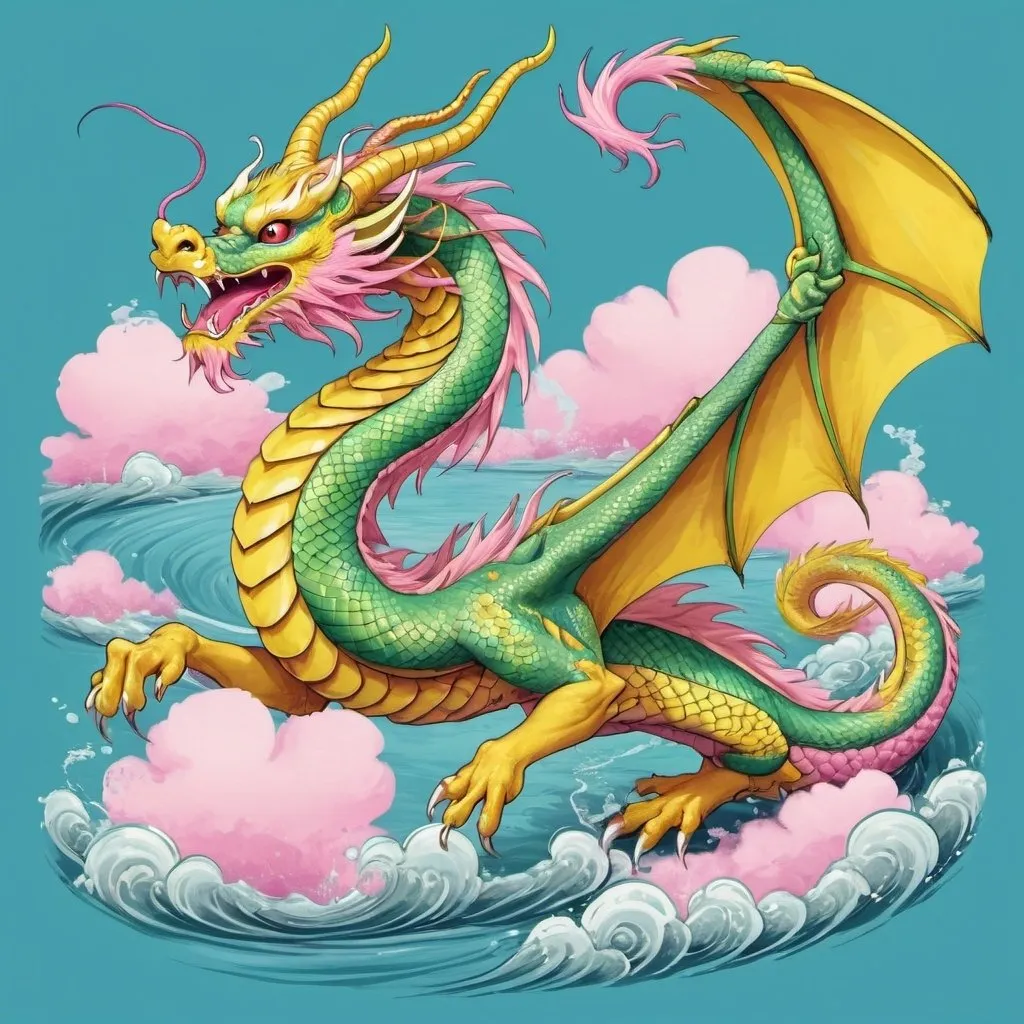 Prompt: Illustrated T-shirt design, Chinese yellow dragon, yellow scales, light green belly, four arms, feathers on arms and tail, swooping the surface of a river, pink and blue sky, Chinese style,