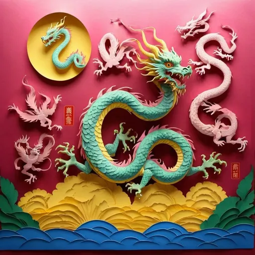 Prompt: ink-painting, Chinese yellow dragon, yellow scales, light green belly, four arms, feathers on arms and tail, swooping the surface of a river, pink and blue sky, Chinese style,