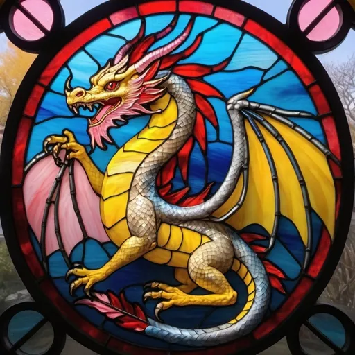 Prompt: Chinese yellow Dargon, four arms, red feathers on the back, feather on the arms and tail, sky pink and blue sky